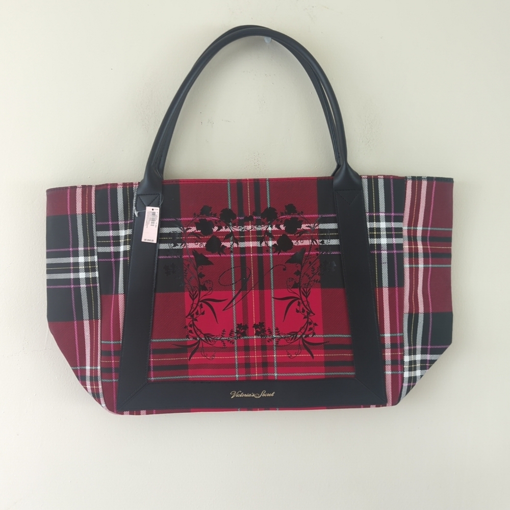New With Tags Victoria's Secret Red and Black Plaid Tote Money/ Feminine Medium